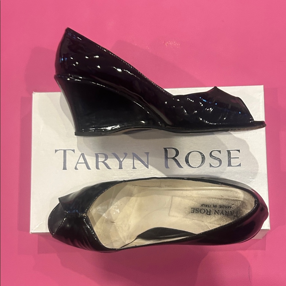 Taryn Rose Glossy Black Peep-Toe Wedges
